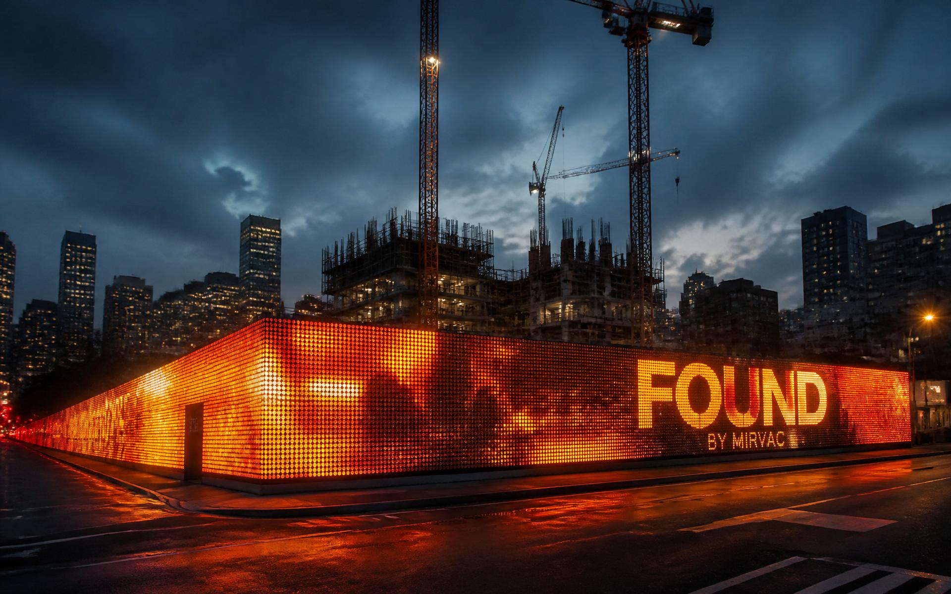 SmartFence LED mesh installed around a downtown construction site at dusk